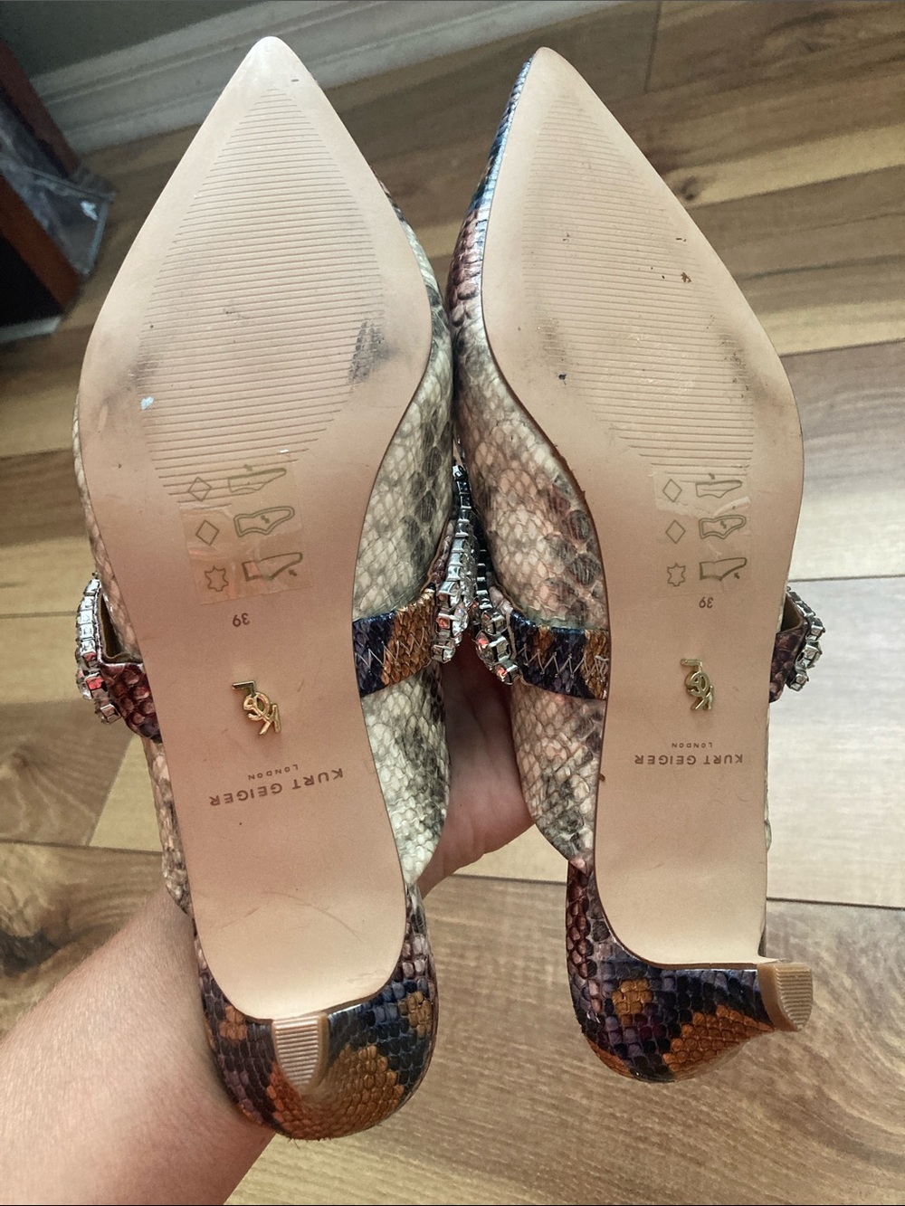 Kurt Geiger Snake Print Rhinestone Embellished Duchess Heels - Picture 7 of 10